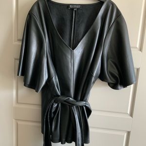 Vegan-leather tie-waist, plunge shirt